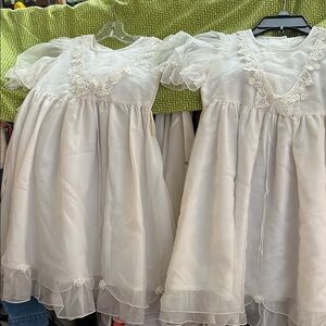 Twin Hand Crafted White Babydoll Dress w/  Puff Sleeves, lace ,tiny flowers NWOT